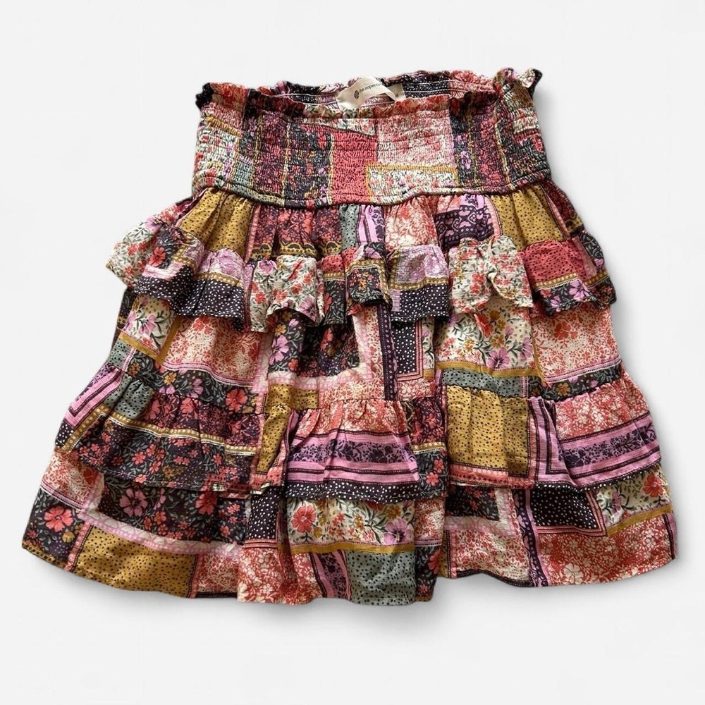 Multi print spring patchwork boho tiered ruffle Flowy skirt size medium - Picture 2 of 5